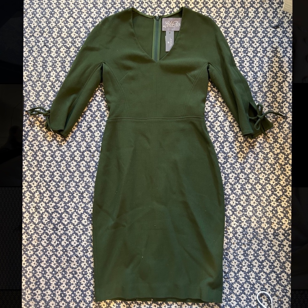 Lela Rose V-Neck Blue Knee-Length 3/4 SleevesDress with Bows